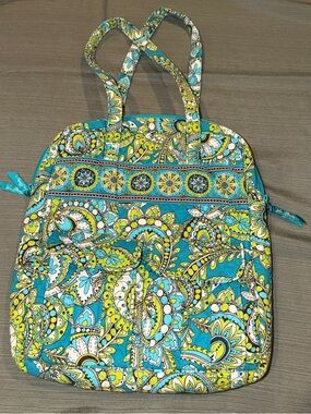Vera Bradley Lime/Teal Peacock pattern tote w/lots of storage pockets/zippers.